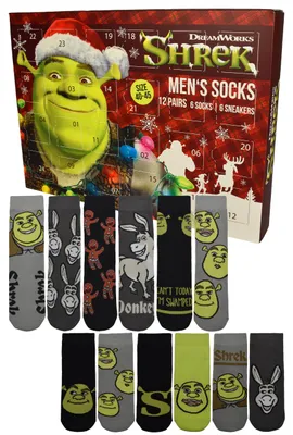 Produktbild von Shrek - Der tollkühne Held Adventskalender mit 12 Paar Socken Größe 40-45 für Herren Weihnachtskalender mit Sneakers und langen Socken