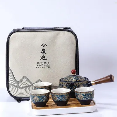 Productafbeelding van Keramische reisthee-set met theepot (360°), 4 kopjes, dienblad en