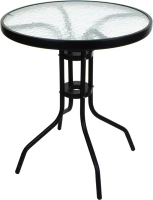 A round glass-top table with a black metal base.
