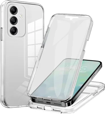 A clear, transparent phone case is shown, with a phone inside it. The case is shown from multiple angles.