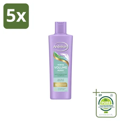 Immagine prodotto di 5 flaconi di shampoo volumizzante Andrélon, con estratto di cocco e aloe vera, da 250 ml - confezione grande - 5 pezzi