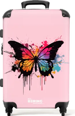 Produktbild von NoBoringSuitcases.com Kinder Koffer Mittelgroß 67x43x25 cm, 72L, Niedliche Drucke für Mädchen: Rosa - Bunter Schmetterling, Reisekoffer mit 4 Rollen