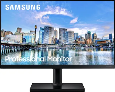 A Samsung professional monitor displaying a city skyline.