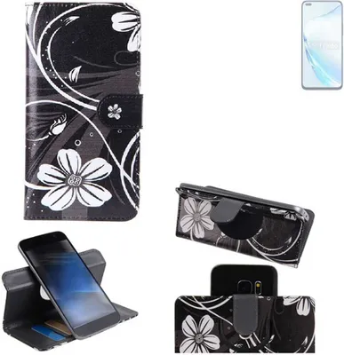 Produktbild von K-S-Trade Schutzhülle Handyhülle kompatibel mit Wiko Hi Enjoy 60 Pro 5G Hülle 360° Wallet Case “Flowers“ Klapphülle Hülle schwarz-weiß 1x