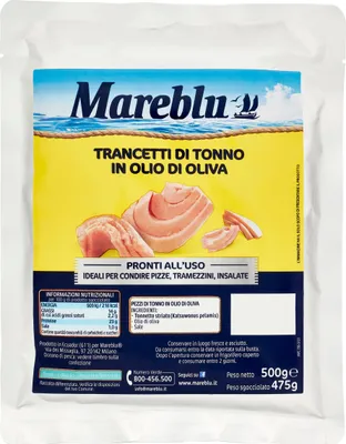 Produktbild von Mareblu Trancetti di Tonno in Olio di Oliva Thunfisch Thunfischscheiben in Olivenöl 500g Beutel