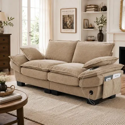 Obrázek produktu pro Dvoumístná pohovka z cordurové látky, rozměry 190x73x84 cm, barva khaki, s prostorným sedákem, USB-C portem a bočními kapsami, vhodná do obývacího pokoje, kanceláře nebo salonku