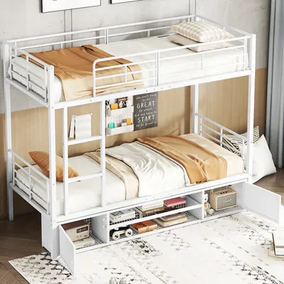 A white metal bunk bed with storage underneath, set up in a room with a wooden accent wall and a patterned rug.