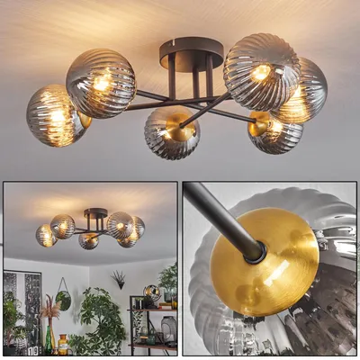 Produktbild von Isorella Deckenlampe aus Metall/Riffelglas in Schwarz/Goldfarben/Rauchfarben