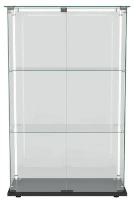 Obrázok produktu pre Sklenená vitrína – sklenená skrinka do obývačky – 123,3 × 78,5 × 35 cm – 2 dvere so zámkom – LED osvetlenie – 3 sklenené police – čierna farba – moderný dizajn