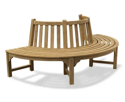 A wooden bench with a curved backrest, shown from a slightly elevated side angle against a white background.