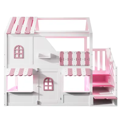 Produktbild von Merax Etagenbett Hochbett 90x200cm mit Stauraumleiter und Fenstern, Hausförmiges Design mit Dach, Kinderbett mit LED-Beleuchtung und Regale,Weiß+Rosa