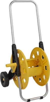 Image de Chariot à tuyau avec roues, enrouleur de tuyau d'arrosage robuste pour l'extérieur, capacité de 60 m, mécanisme de dévidage manuel, jaune