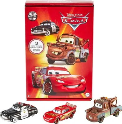 Zdjęcie produktu dla Mattel Cars Cars Lightning McQueen Peanut Sheriff Zestaw 3 metalowych samochodzików HBW14