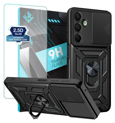 A black phone case with a screen protector and a ring holder, presented with marketing text and graphics.