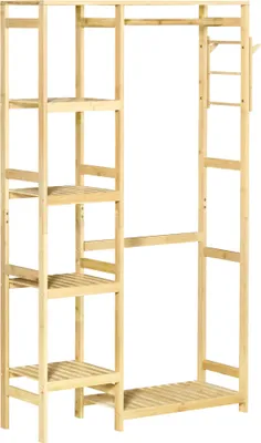 Image de HOMCOM Portant à Vêtements Bambou Penderie Porte-Manteaux avec étagères, Tringle et 2 patères - dim. 90L x 30P x 155H cm