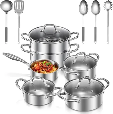 Produktbild von Topf-Set Kochgeschirr-Set, Induktion, 15-teilig, Kochtopf-Set, unbeschichtet mit Glasdeckel, für alle Herdarten geeignet, Induktions-Pfannen-Set, ohne