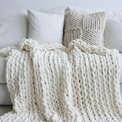Grob gebreide deken, handgemaakt, 127x152 cm, Creme