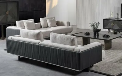 Produktbild von Wohnzimmer Set aus braunem Textil mit Holz Tisch und Sofas