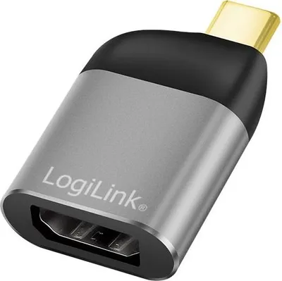 A close-up studio shot of a LogiLink USB-C to DisplayPort adapter.