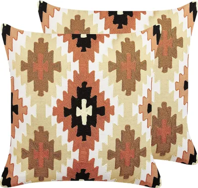 Produktbild von BELIANI Dekokissen 2er Set Mehrfarbig Baumwolle und Wolle Stoffbezug mit Polyester-Füllung 50x50 cm Bestickt Ethno Boho Deko Wohn- u. Schlafzimmer