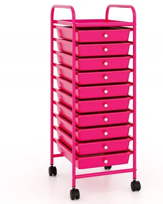 Image de Chariot de rangement à 10 tiroirs, rose vif, 33 x 37 x 86 cm