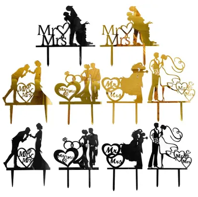 10 Acryl Cake Toppers Mr. & Mrs. Gold Schwarz Hochzeit Geburtstag