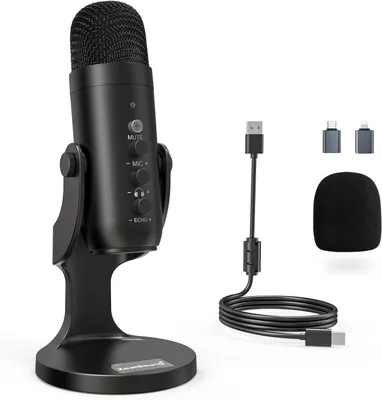 Produktbild von USB Kondensatormikrofon K66 für PC, Mac, iPhone, iPad, Android – Gaming, Podcast, Streaming, Aufnahme, Noise Cancelling, Gain, Echo, Desktop