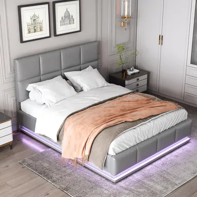 Image de OKWISH Lit Coffre 140x200 cm - Avec Éclairage LED et Rangement Hydraulique, en Similicuir, Sans Matelas - Gris