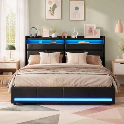 Immagine prodotto di Letto imbottito INONEFT 140x200 cm con LED, letto matrimoniale con sistema di sollevamento idraulico e spazio contenitore, letto a molle con contenitore, letto per ragazzi con rete a doghe, rivestito in ecopelle color beige