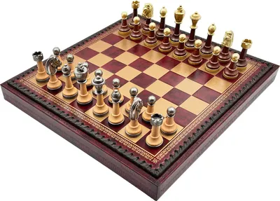 Produktbild von Italienische Schachfiguren Metall/Wood + Schachbrett Echtleder Gold/Burgund 35