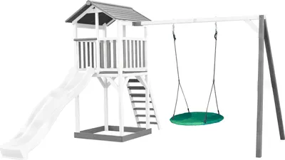 Produktbild von AXI Beach Tower Spielturm aus Holz in Weiß & Grau | Spielhaus für Kinder mit weißer Rutsche, Nestschaukel und Sandkasten | Stelzenhaus für den Garten
