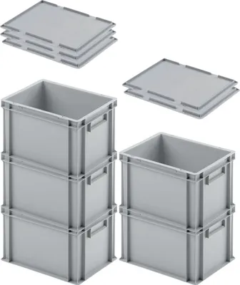 Produktbild von SuperSparSet 5x Eurobehälter mit geschlossenem Griff & Auflagedeckel | HxBxT 23,5x30x40cm | 22 Liter | Grau | Eurobox, Transportbox, Transportbehälter, Stapelbehälter