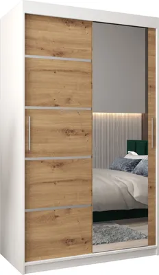Produktbild von Kleiderschrank, Schiebetürenschrank Schlafzimmer, Schrank mit Spiegel VERONA 2 120 cm, Weiß Matt + Artisan Eiche