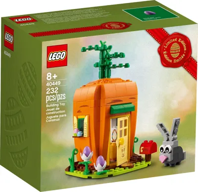 The image shows the packaging of a LEGO set featuring a carrot-shaped house and a bunny.