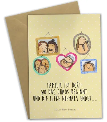 Produktbild von Mr. & Mrs. Panda Grußkarte Igel Familie - Gelb Pastell - Geschenk, Grußkarten, Bilder, osterkarten, Muttertag, Liebe, weihnachtskarten, Mama, einladungskarten