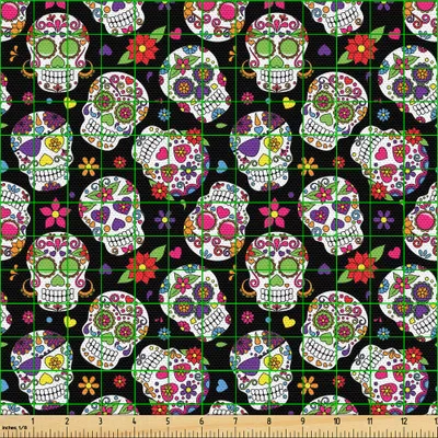 Produktbild von ABAKUHAUS Zuckerschädel Gewebe als Meterware, Allerseelen Tagesblumenbunte Schädel Blumen auf dunklem Hintergrund Druck, 5 M (148 x 500 cm), Mehrfarbig