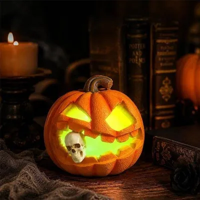Obrázek produktu pro Dekorativní dýně na Halloween, osvětlená – 10,5 cm – unikátní design – atmosférická dekorace