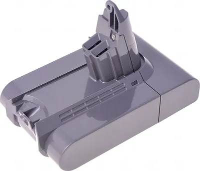 A gray vacuum cleaner battery pack shown from a slightly elevated side angle against a white background.