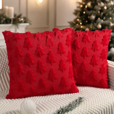 Obrázek produktu pro Vánoční povlaky na polštáře, 45x45 cm, sada 2 kusů, červené, motiv vánočního stromku, plyš, Umělá kožešina