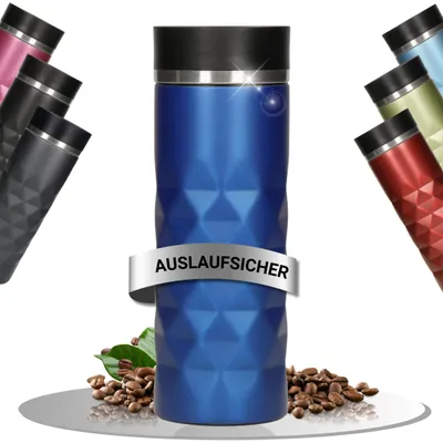 Produktbild von Edelstahl Thermobecher mit Push-Button 450 ml - auslaufsicherer Verschluss für heiß & kalt - ideal für unterwegs - Blau