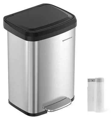 Image de Poubelle de 50 litres avec couvercle – en acier et en polypropylène – à ouverture et fermeture automatiques – argentée et noire