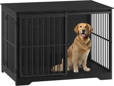 Produktbild von Hundekäfig Möbel, 110cm Hundebox, 2 Türen, Moderne Hundekäfig Indoor für kleine/mittlere/große Hunde, Beistelltisch, Verstärkte Schiebetür, 110 × 65 × 81 cm, Schwarz DFC84404B
