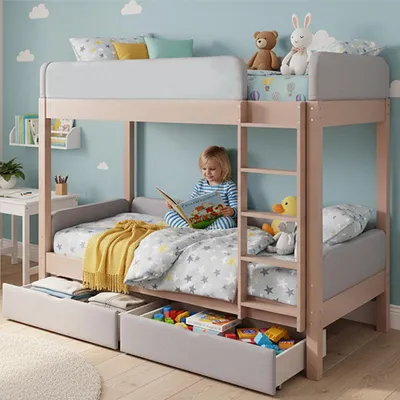 Image de Lit superposé 90 x 200 cm Lit enfant avec 2 tiroirs Bords anti-collision Escalier et protection anti-chute Gris naturel Sans matelas