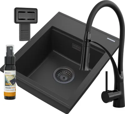 Produktbild von Granitan | Granitspüle - Spülbecken - 50x40 cm - Schwarz - Mischbatterie NEXO Schwarz - mit Siphon - ALOR