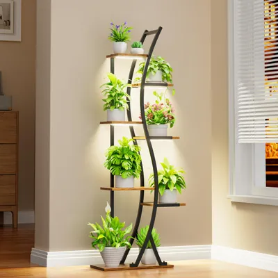 Produktbild von Blumenständer/Pflanzenregal mit Pflanzenlampen - 7-stöckiges Pflanzenregal für den Innenbereich, aus Holz und Metall, 160 cm Pflanzenregal, großes Blumenregal für den Innenbereich, geeignet für Wohnzimmer, Balkon und Schlafzimmer.