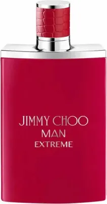 A studio shot of a red bottle of Jimmy Choo Man Extreme Eau de Parfum.