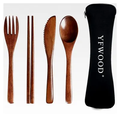 Produktbild von 4-teiliges Holzbesteck-Set, wiederverwendbar, im japanischen Stil, mit Löffel, Gabel, Essstäbchen, Holzmesser und Tasche, Reisebesteck für Küche, Zuhause und Büro