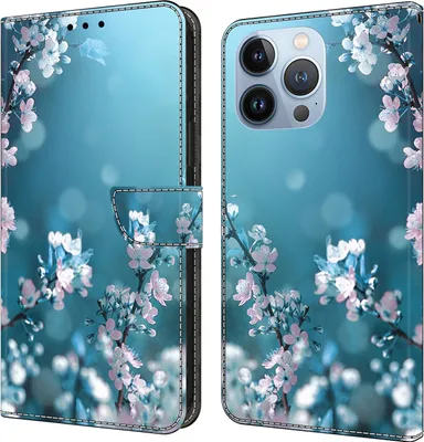 Produktbild von CLM-Tech Handyhülle kompatibel mit iPhone 16 Pro Max Hülle - Tasche aus Kunstleder - Klapphülle mit Ständer und Kartenfächern - Schutzhülle Wallet Case Cover Pflaumenblüte blau