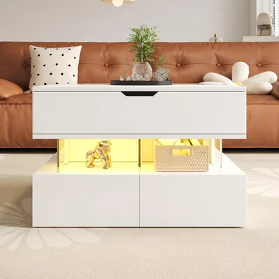 Image de AIORBER Table basse réglable en hauteur avec éclairage LED 16 couleurs, plateau en verre & espace de rangement, design Lift-Top, blanc