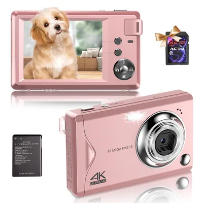 Obrázek produktu pro Digitální fotoaparát 4K FHD Camera 48MP Photo Camera Kompaktní fotoaparát s 16x digitálním zoomem LED Fill Light Mini Selfie Camera Přenosný s 32GB kartou, růžový